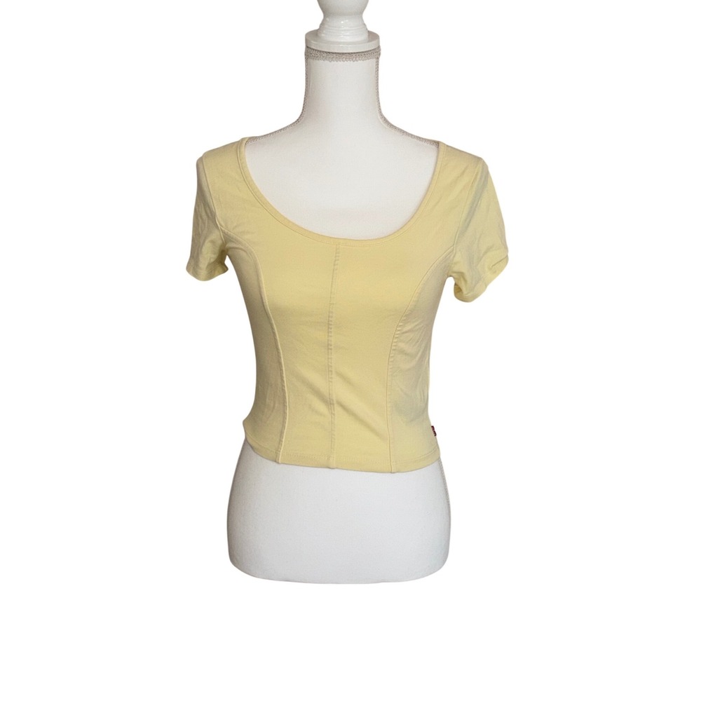 Vintage Levis Womens XS Butter Yellow Corset Scoop Neck Short Sleeve Crop Top